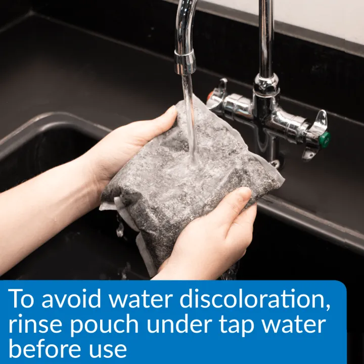 API filter media guide showing pouch rinsed under tap water before use